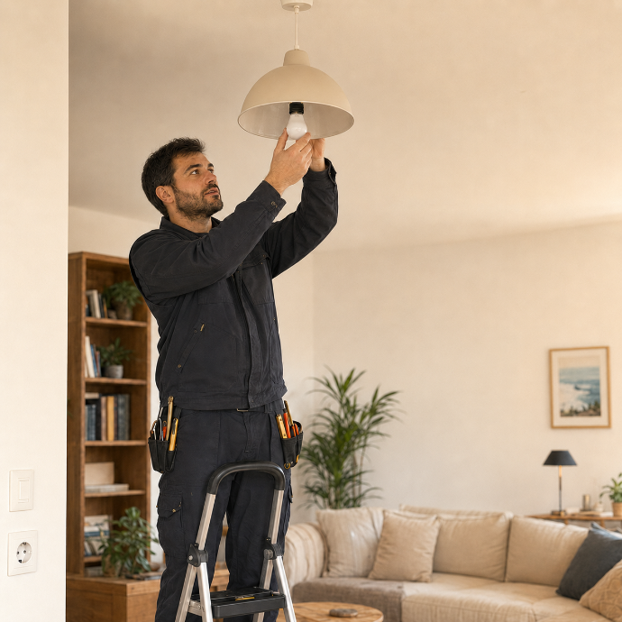 Electricista de Electricidad Najerilla instalando una luminaria en una vivienda
