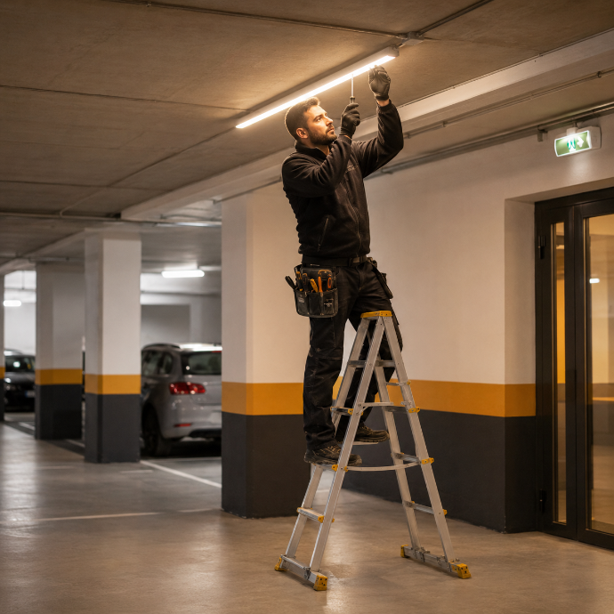 Electricidad Najerilla renovando la iluminación de un garaje comunitario