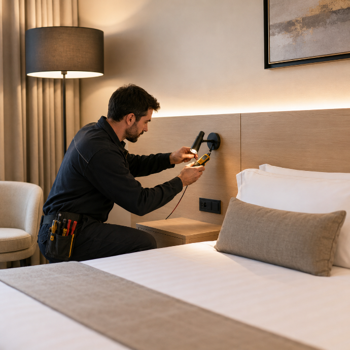 Electricidad Najerilla realizando mantenimiento eléctrico en una habitación de hotel